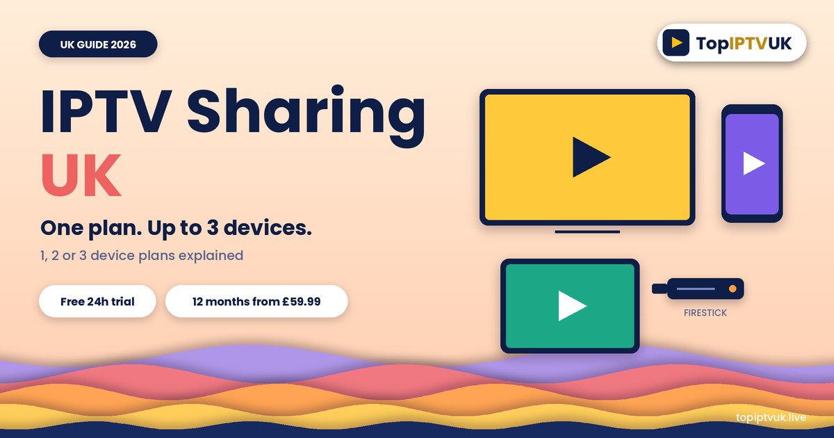 Paper-cut illustration for IPTV sharing UK showing one plan on a TV, phone, tablet and Firestick