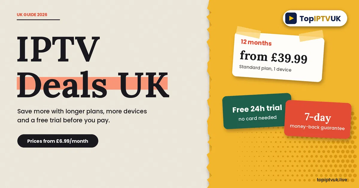 Editorial collage graphic for IPTV deals UK showing 12 months from £39.99, a free 24h trial and a 7-day money-back guarantee